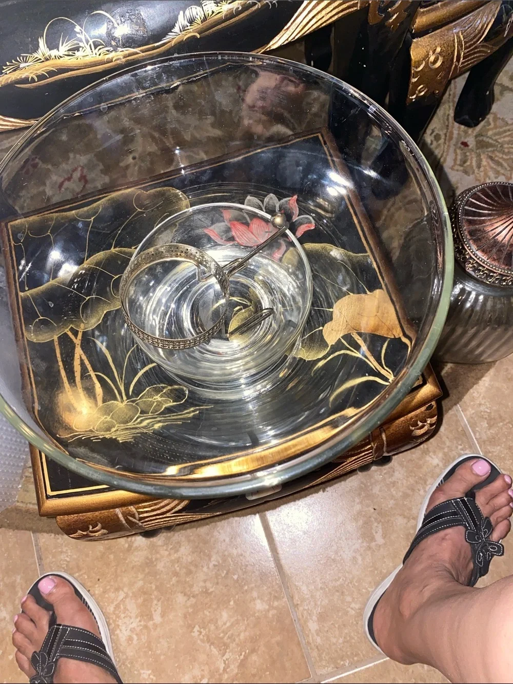 Vintage Clear Glass Chip Bowl with Attached Glass Dip Bowl
